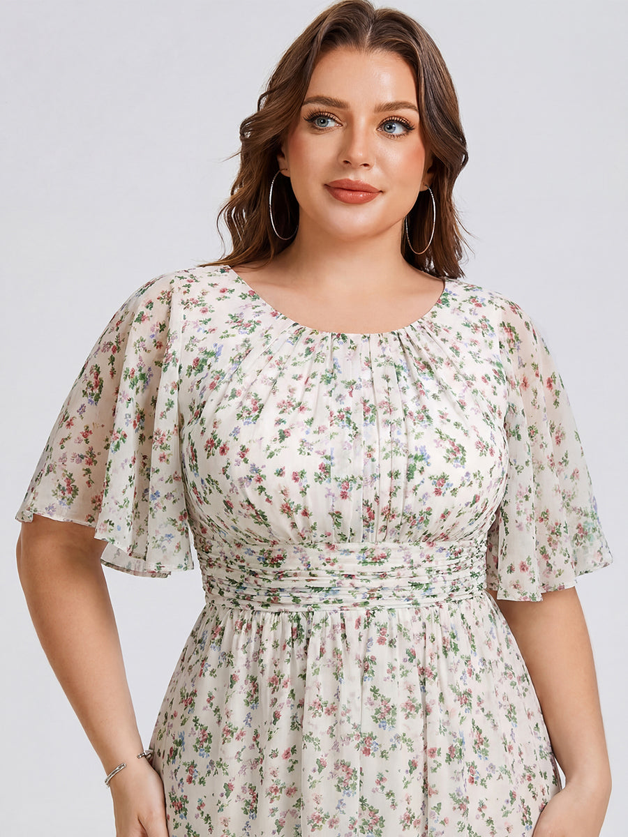Plus Size Pleated Round Neckline A-Line Midi Chiffon Wedding Guest Dress