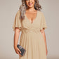Plus Size Elegant Short Sleeves V-Neck Floral Applique Wedding Guest Dress