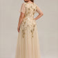 Plus Size Floral Embroidered Sequin Ruffle Sleeve Tulle Evening Dress