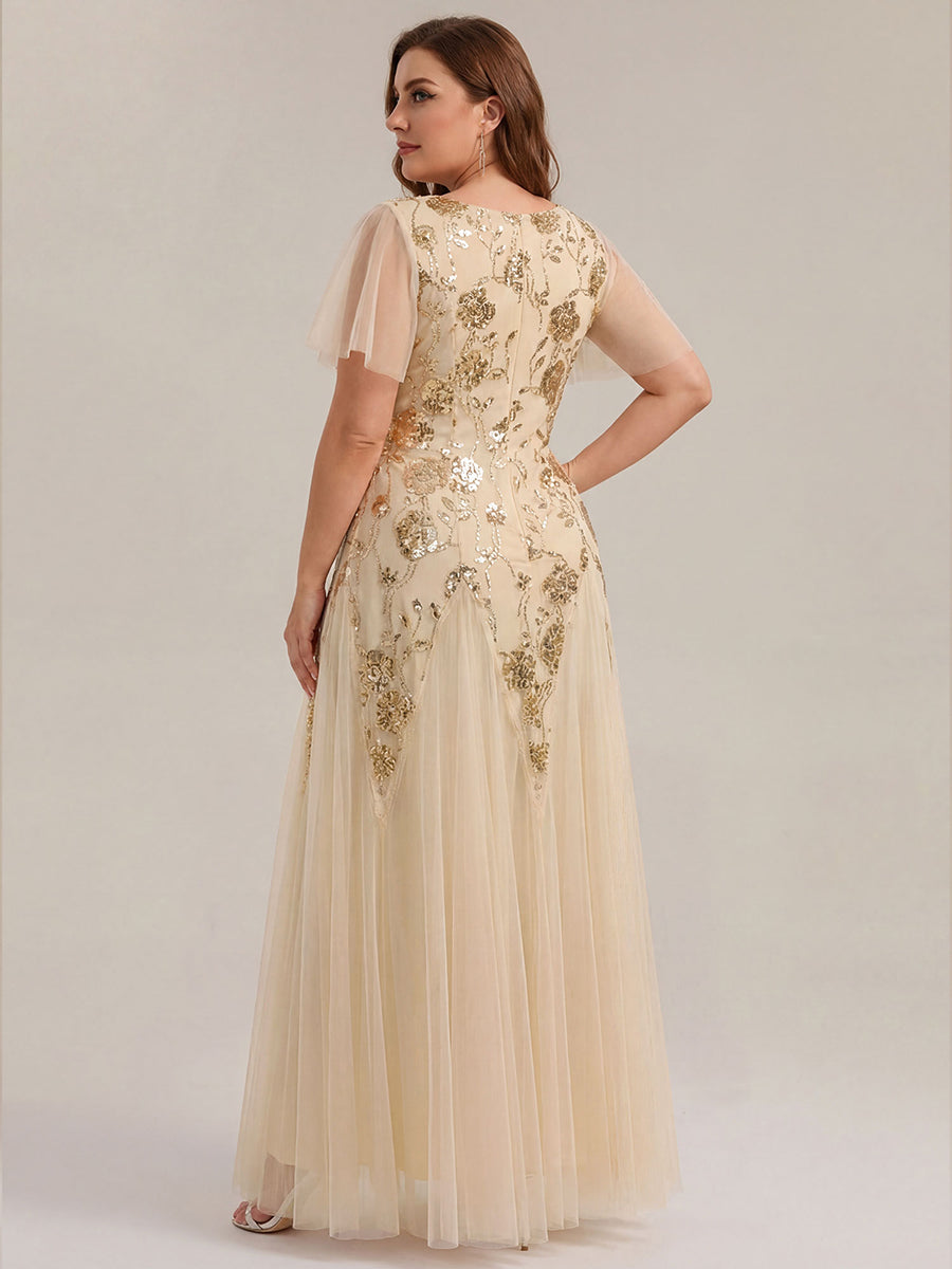 Plus Size Floral Embroidered Sequin Ruffle Sleeve Tulle Evening Dress