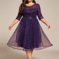 Plus Size 3/4 Sleeve Midi Round Neck A-Line Sequin Wedding Guest Dress