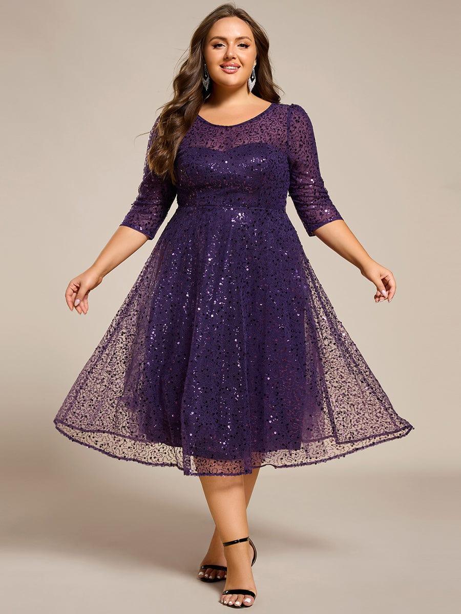 Plus Size 3/4 Sleeve Midi Round Neck A-Line Sequin Wedding Guest Dress