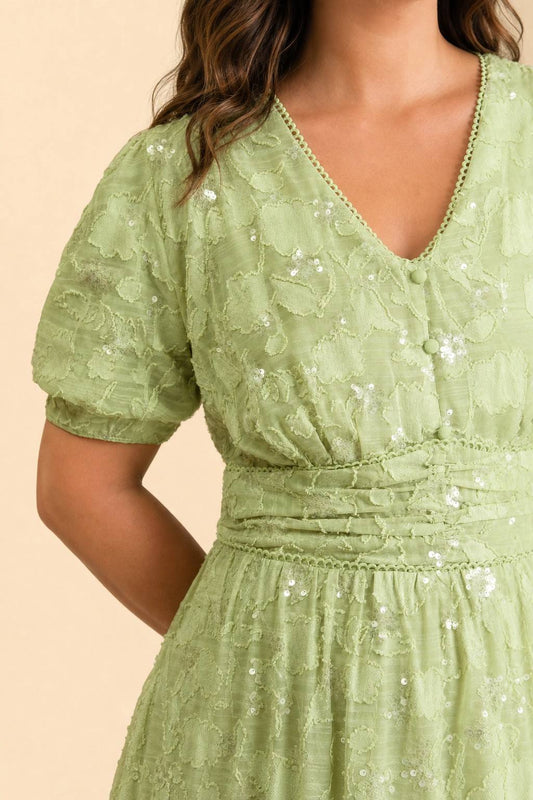 Plus Size Floral Sequin Bridesmaid Dress with Puff Sleeves and A-Line Skirt