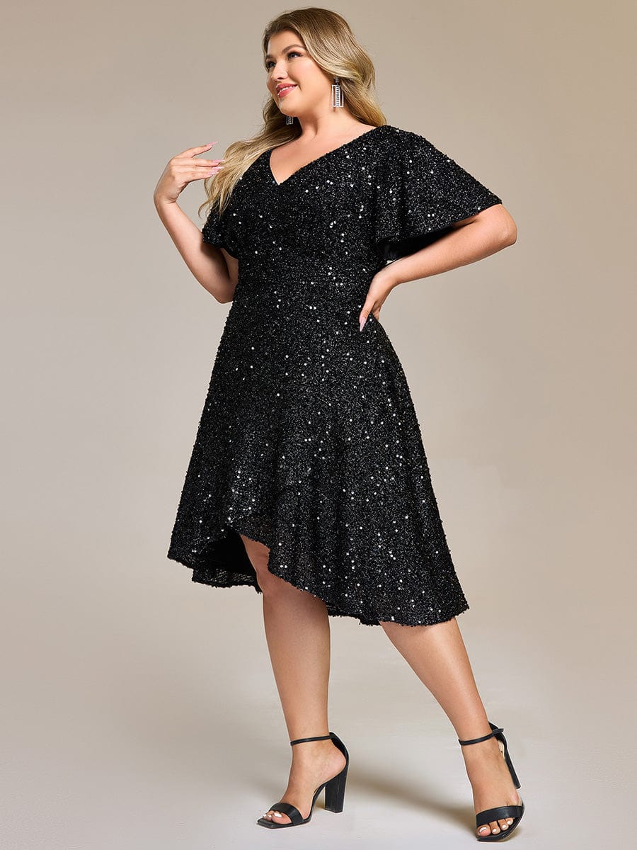 Plus Size Sequin Ruffle Sleeve Formal Dress