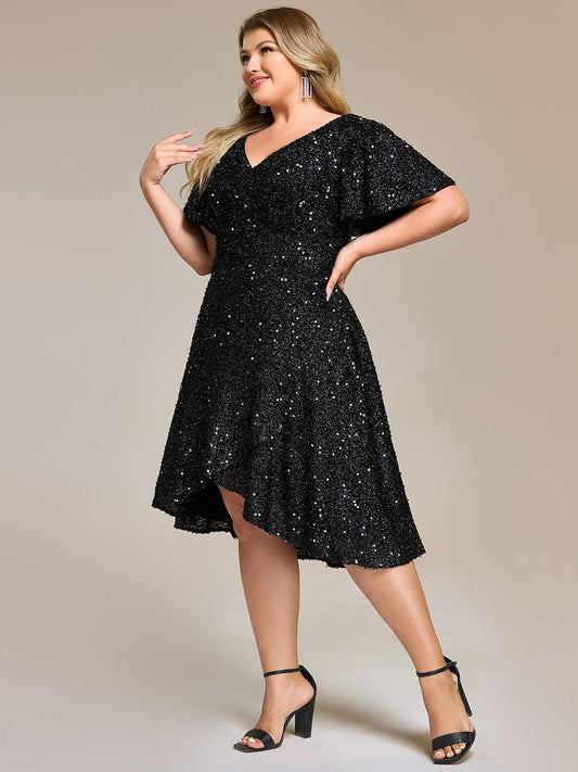 Plus Size Sequin Ruffle Sleeve Formal Dress