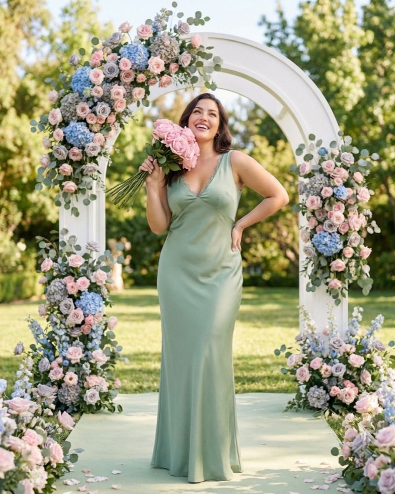 Silvarelle Modern Plus Size Sheath Bridesmaid Dress in Stretch Satin for Formal Wedding -N0357