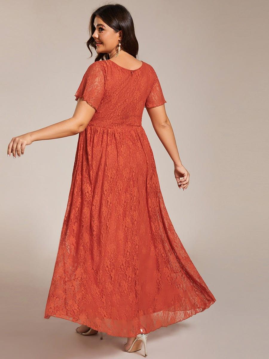 Plus Size Short Sleeve Ruffled V-Neck A-Line Lace Wedding Guest Dress