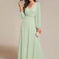 Plus Size A-Line V-Neck See-Through Long Sleeves Shiny Belt Chiffon Evening Dress