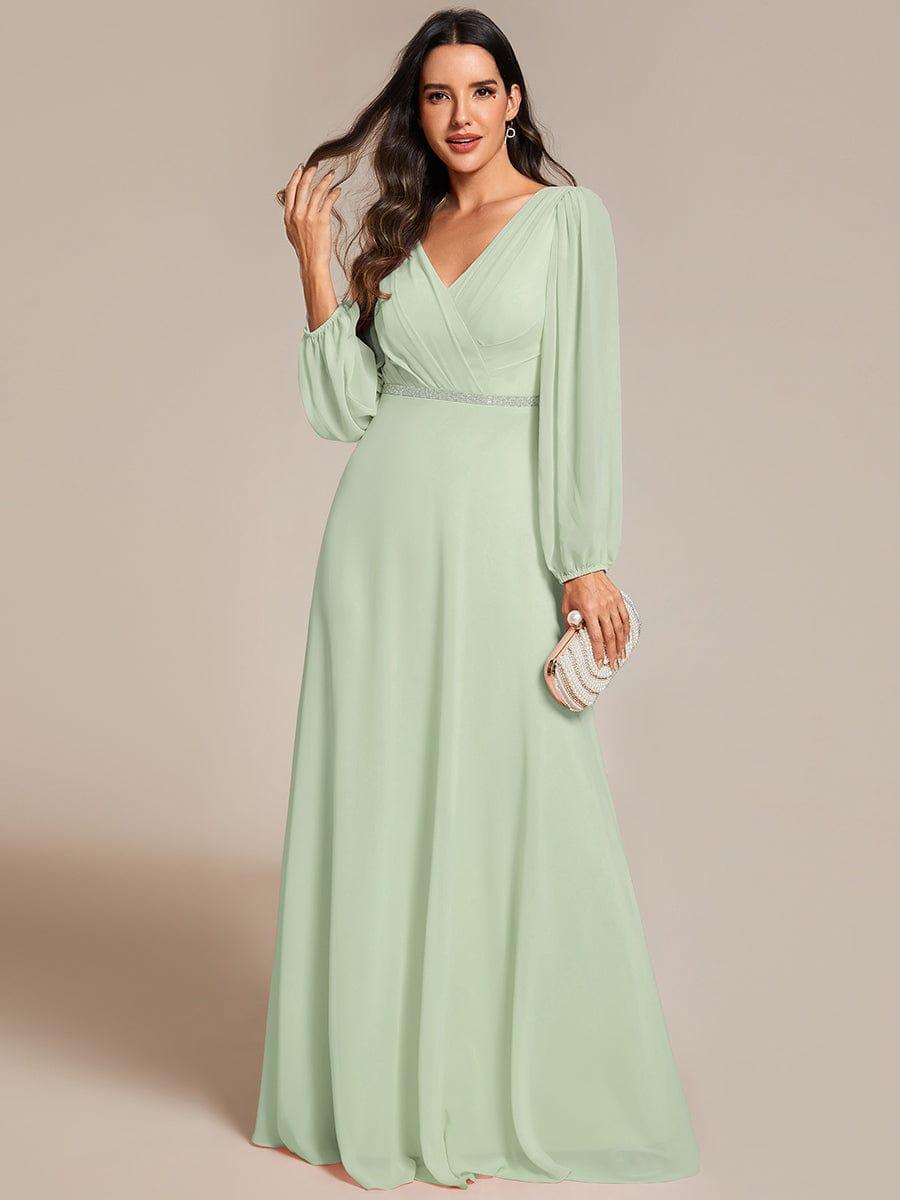 Plus Size A-Line V-Neck See-Through Long Sleeves Shiny Belt Chiffon Evening Dress