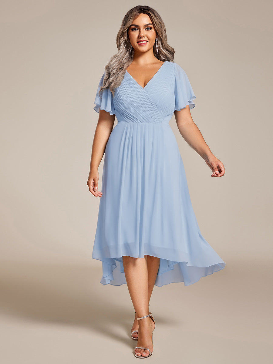 Plus Size Double V-Neck Ruffles Sleeve Chiffon Midi Wedding Guest Dress