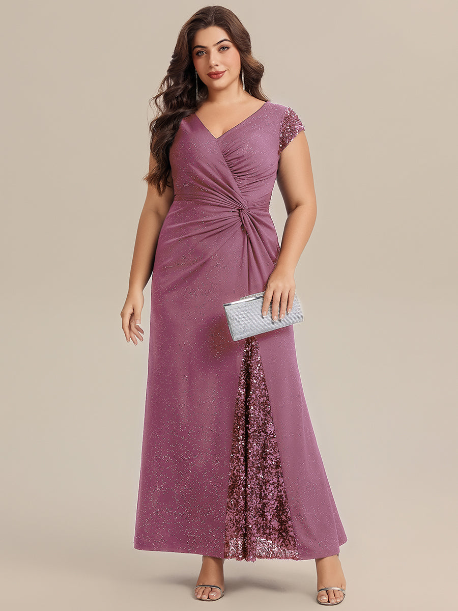 Plus Size Knotted Knit Cap Sleeve Maxi Glitter Evening Dress