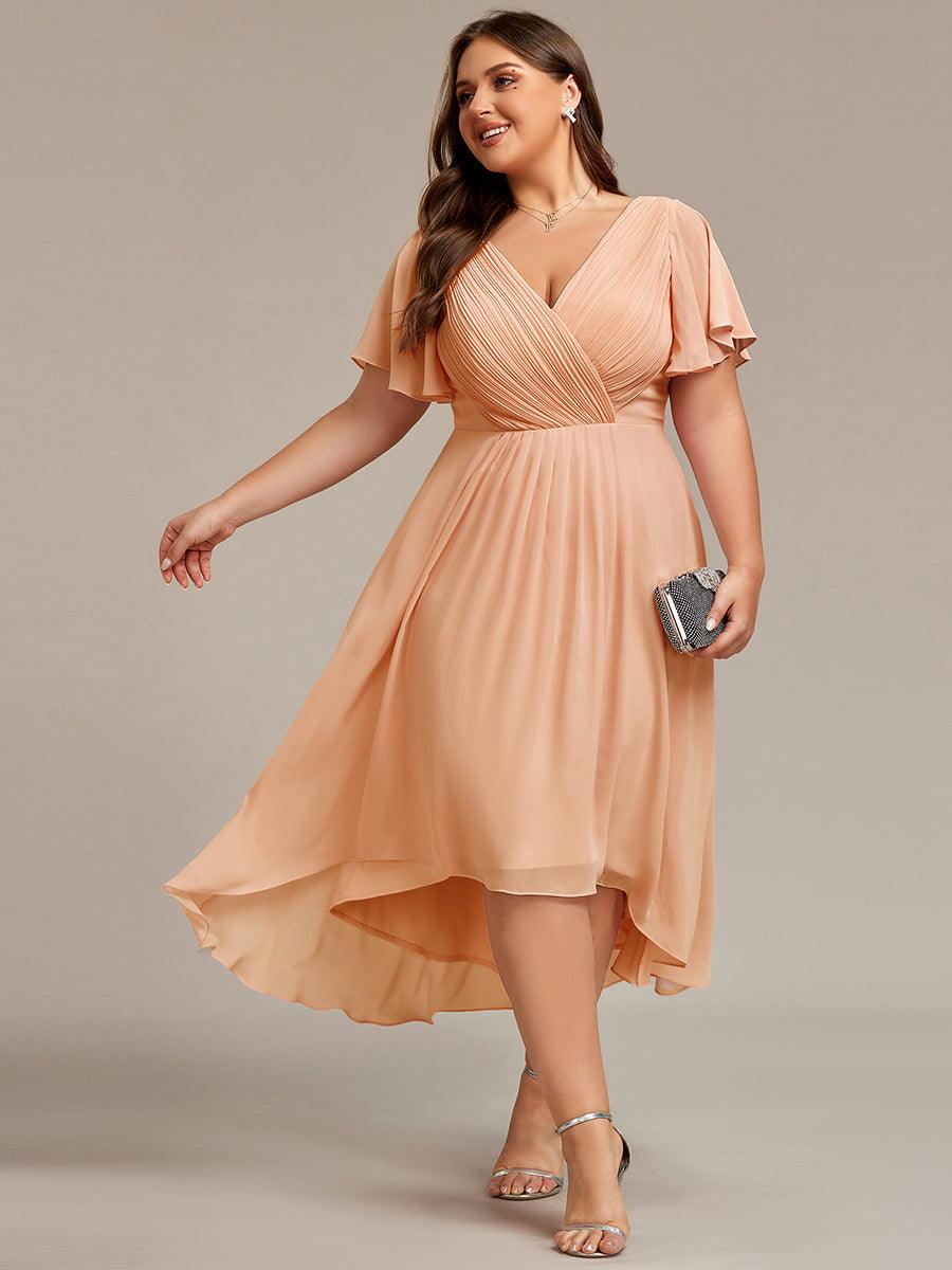 Plus Size Double V-Neck Ruffles Sleeve Chiffon Midi Wedding Guest Dress