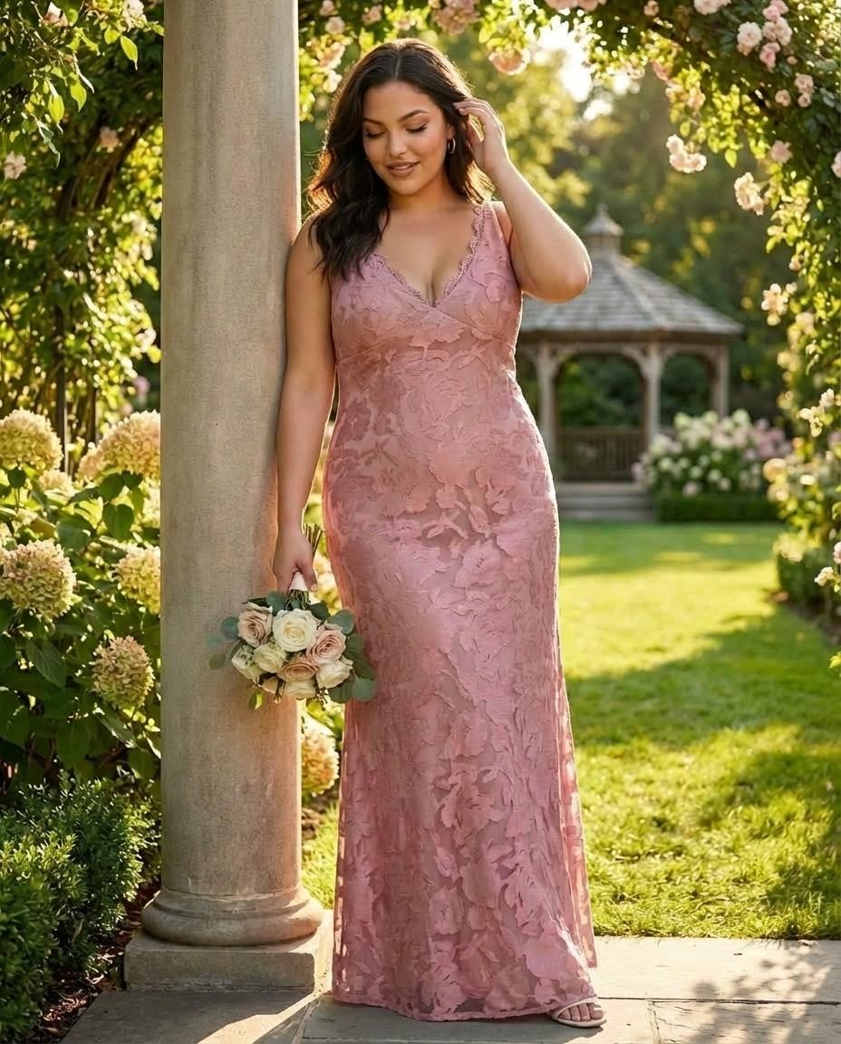 Silvarelle Romantic Floral Burnout Lace Plus Size Bridesmaid Dress for Weddings - N0352