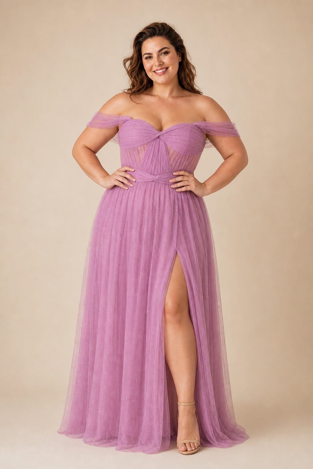 Plus Size A-Line Tulle Bridesmaid Dress with Ruched Slit Detail