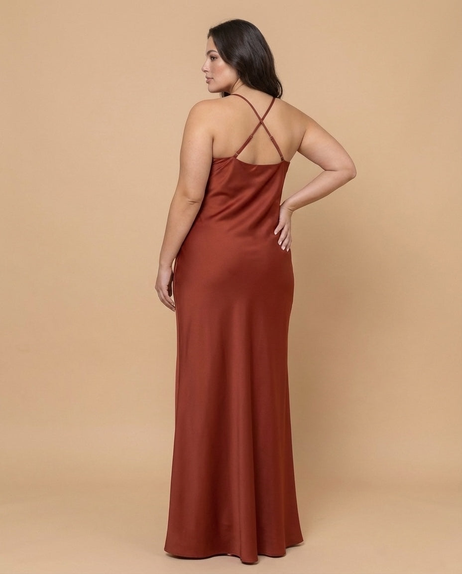 Silvarelle Romantic Sheath Stretch Satin Plus Size Bridesmaid Dress with V-Neck for Weddings - N0361