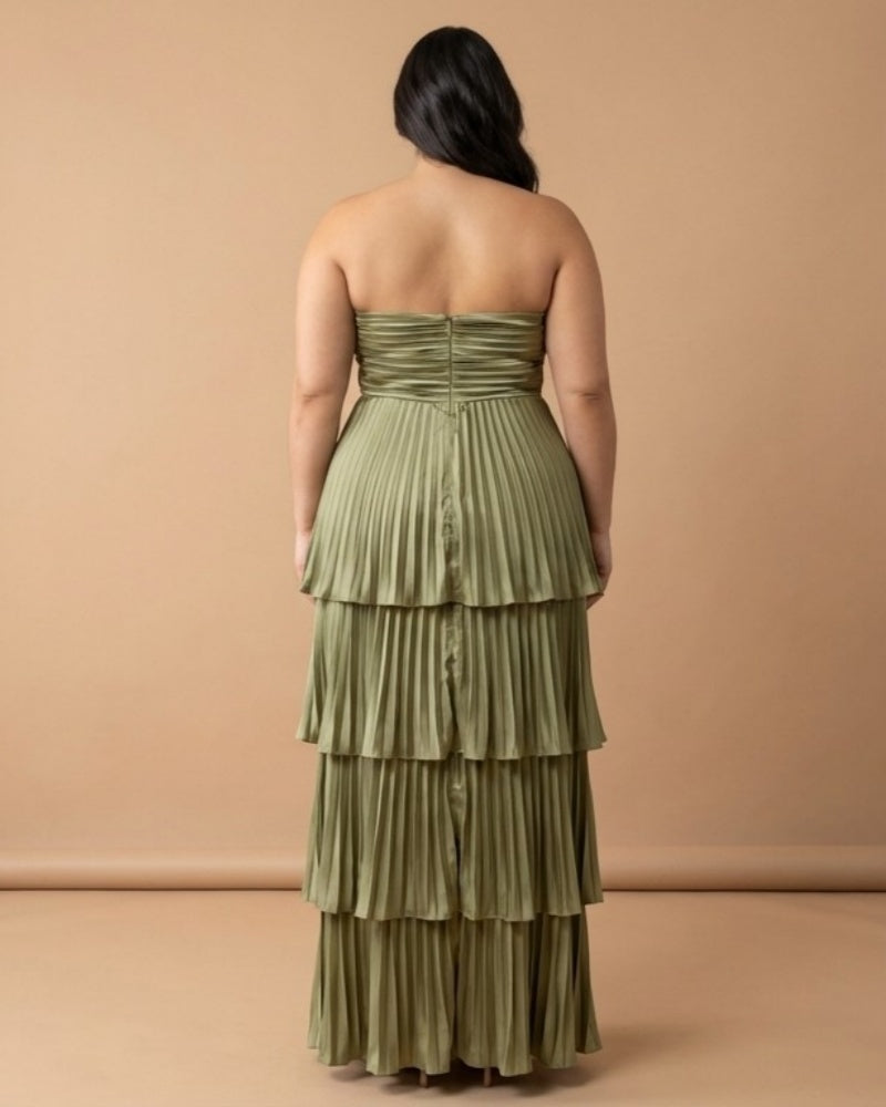 Chantarae Luxury Satin Strapless A-Line Plus Size Bridesmaid Dress with Ruffle -N0377