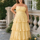 Romantic Lace Up Back Bridesmaid Gown Featuring 3D Floral Appliqué Tiered Flowy Skirt