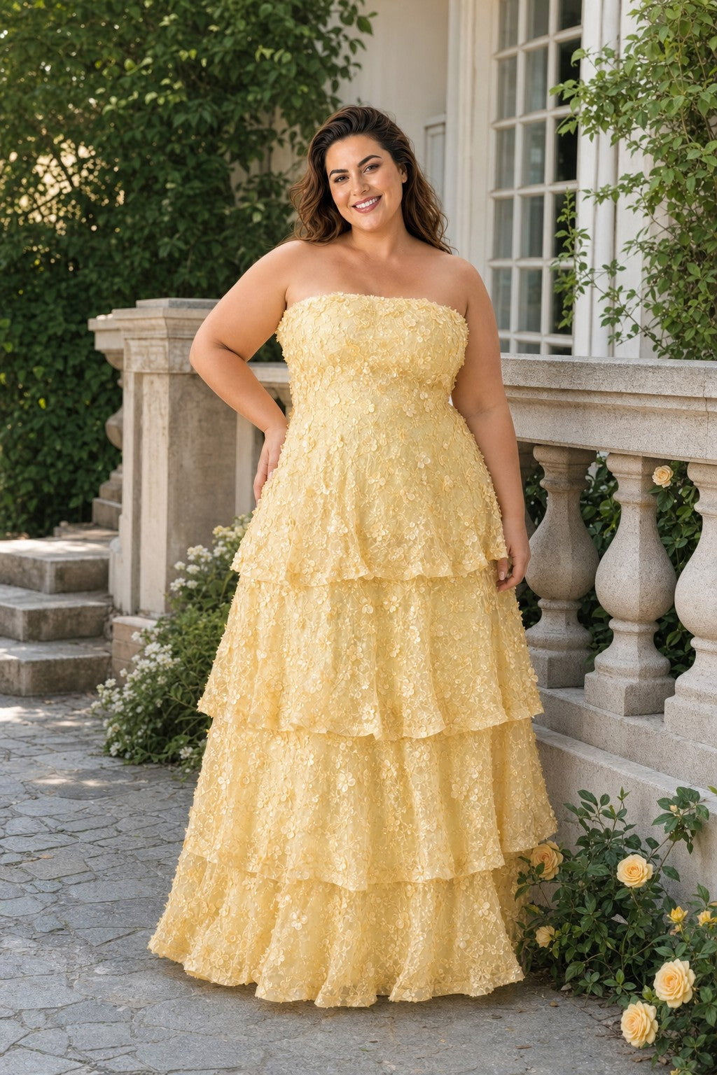 Romantic Lace Up Back Bridesmaid Gown Featuring 3D Floral Appliqué Tiered Flowy Skirt