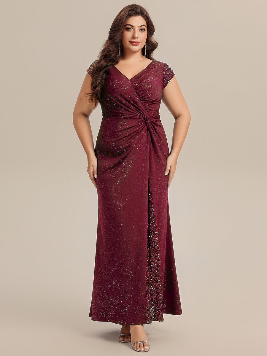 Plus Size Knotted Knit Cap Sleeve Maxi Glitter Evening Dress
