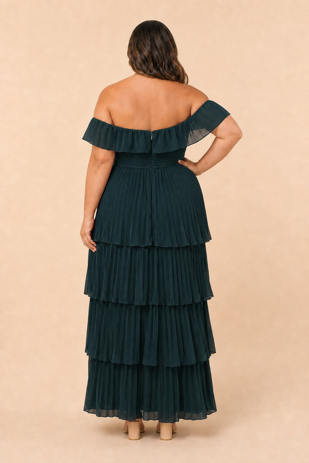 Elegant A Line Maxi Bridesmaid Dress Pleated Tiered Off Shoulder Design
