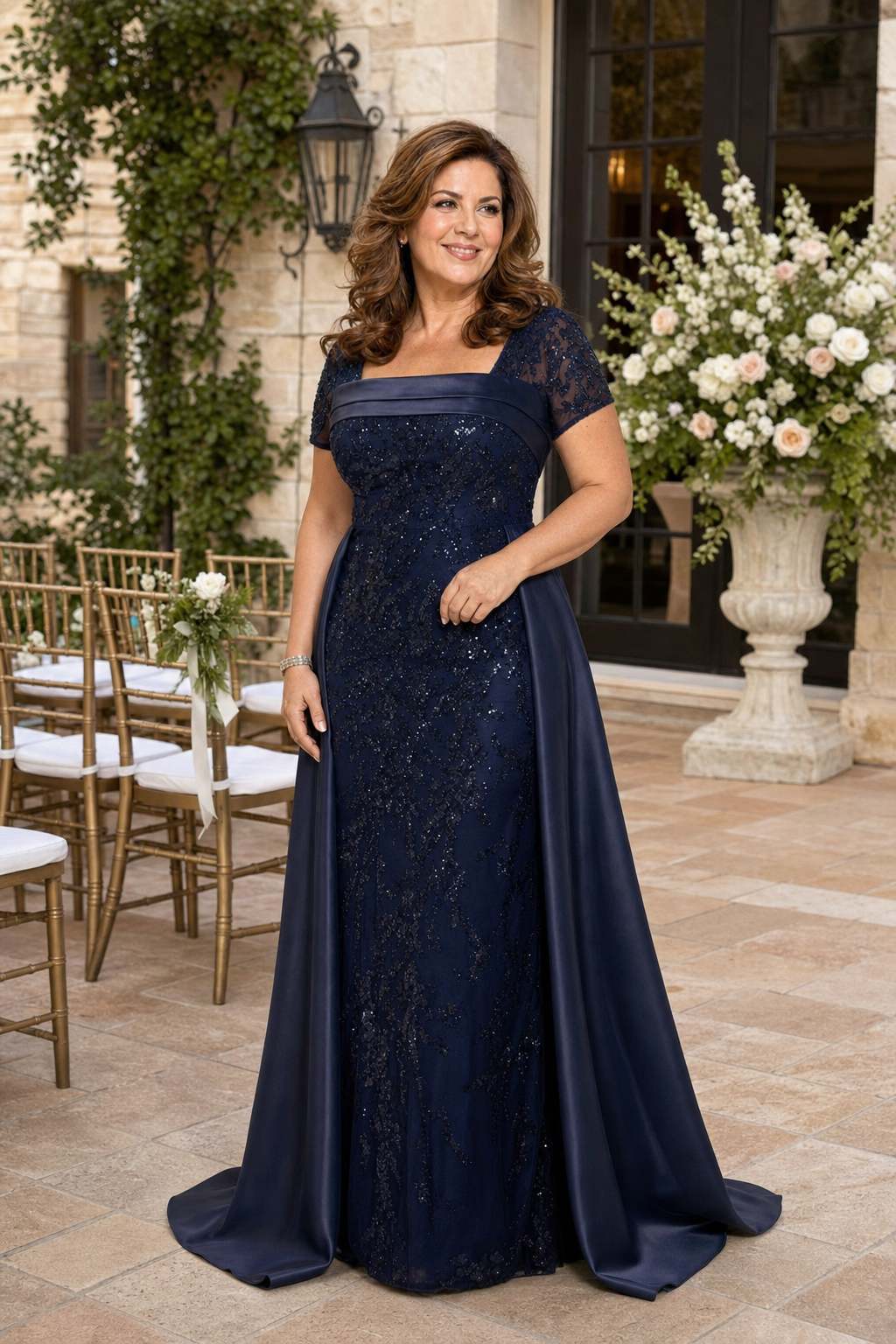 Plus Size Mother of the Bride Dress with Sequins and Flowing Cloak