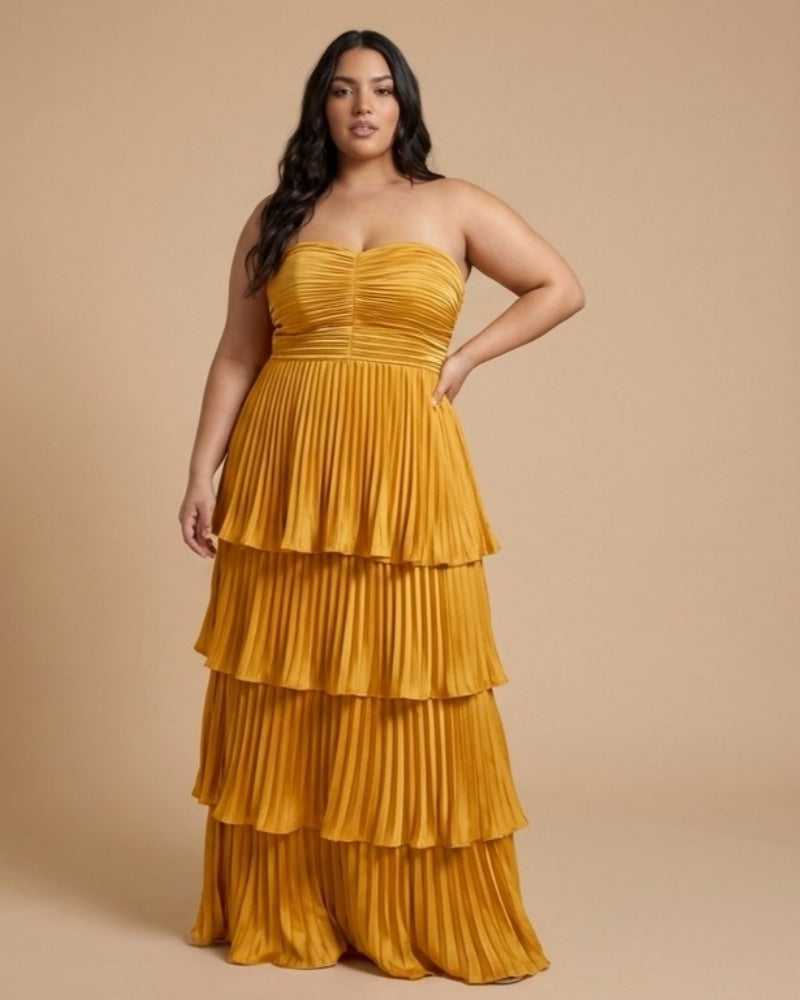 Chantarae Plus Size A Line Satin Strapless Evening Gown for Curvy Bridesmaid Wedding Prom Formal Partyn -N0385