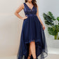 Plus Size Sequin High-Low Deep V Neck Tulle Evening Dresses