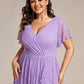 Plus Size Short Sleeve Ruffled V-Neck A-Line Lace Wedding Guest Dress