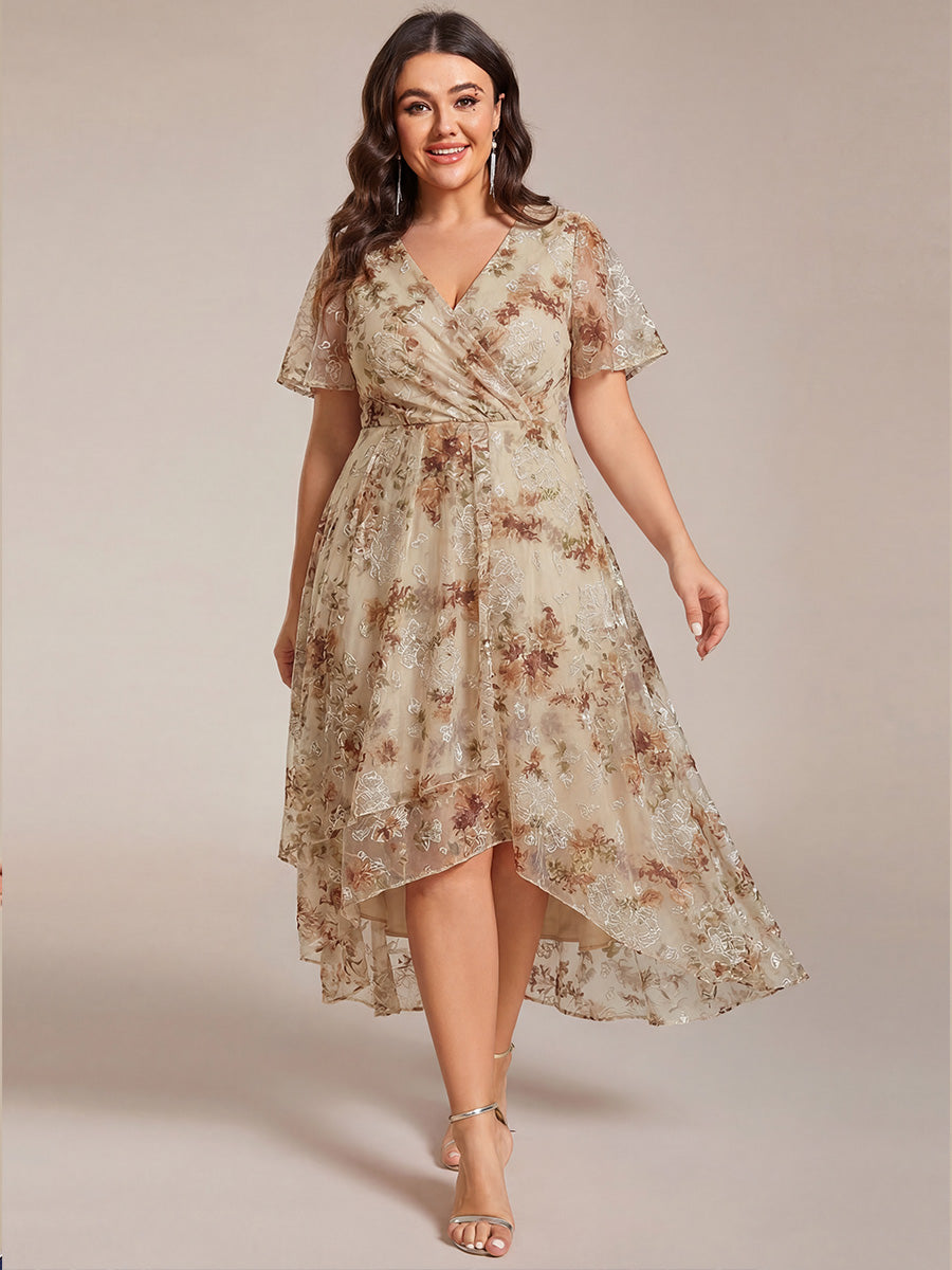 Plus Size Chiffon Short Sleeves Pleated V-Neck A-Line Midi Wedding Guest Dress
