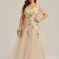 Plus Size Floral Embroidered Sequin Ruffle Sleeve Tulle Evening Dress