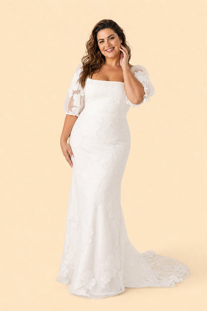 Romantic Lace Appliqué Wedding Gown Versatile Detachable Puff Sleeve Design