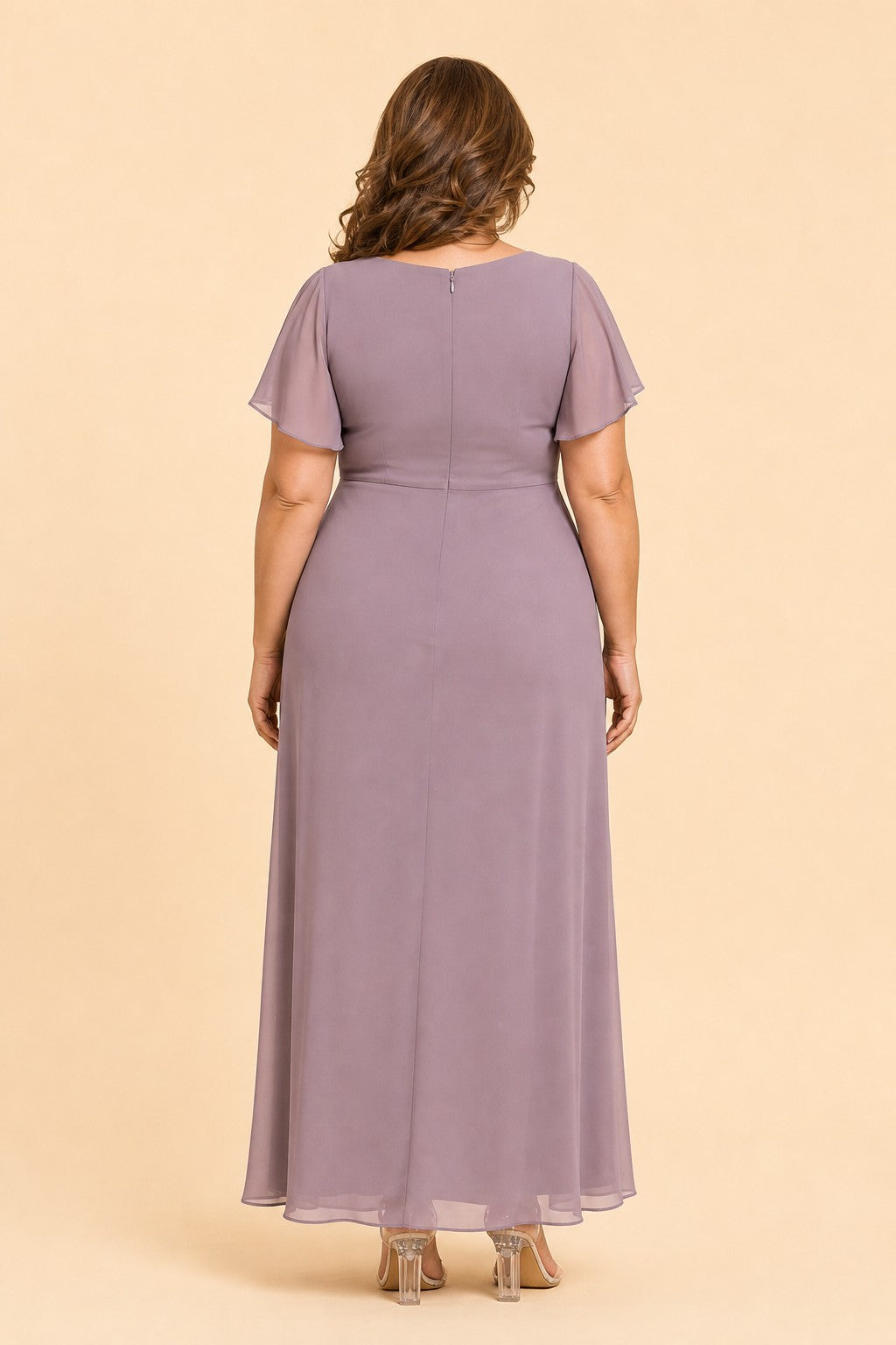Plus Size A-Line Mother of the Bride Dress with Pleated Chiffon Flutter Sleeves