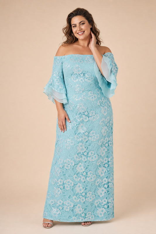 Plus Size Off Shoulder Sequin Lace Evening Gown in Airy Aqua for Weddings and Formal Events