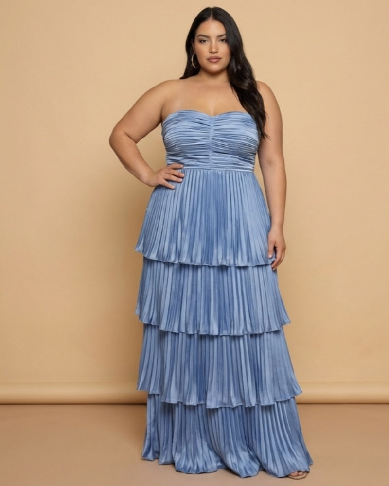 Chantarae Plus Size Romantic A-Line Ruffled Satin Bridesmaid Dress for Wedding Occasions -N0379