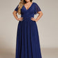 Plus Size V-Neck Glittery Short Sleeves Formal Evening Dress with Empire Waist