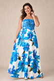 Plus Size Strapless Floral Beaded Evening Gown in Ivory Blue for Weddings and Formal Events