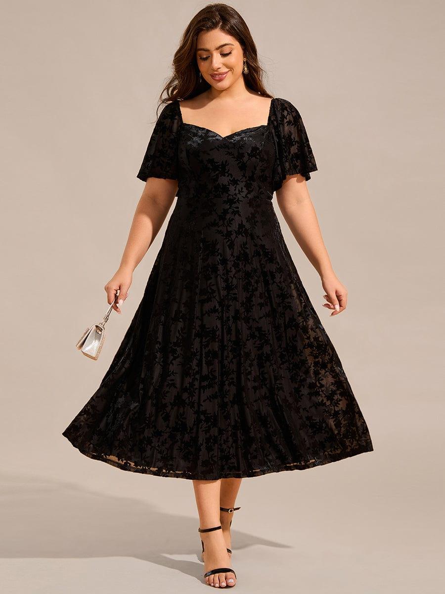 Plus Size Printed Velvet A-Line Short Sleeve Tea Length Wedding Guest Dress
