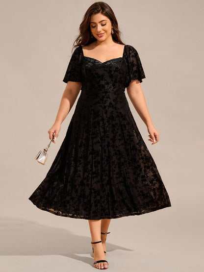 Plus Size Printed Velvet A-Line Short Sleeve Tea Length Wedding Guest Dress