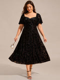 Plus Size Printed Velvet A-Line Short Sleeve Tea Length Wedding Guest Dress