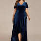 Plus Size Lotus Leaf Hem A-Line V-Neck Ruffles Sleeve Velvet Evening Dress