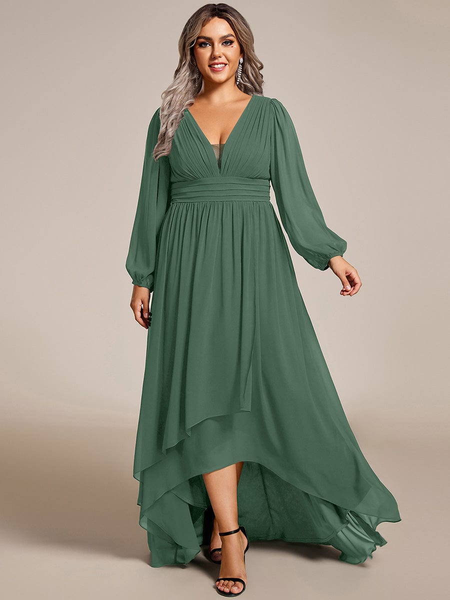 Plus Size V-Neck Long Lantern Sleeves A-Line Chiffon Bridesmaid Dress