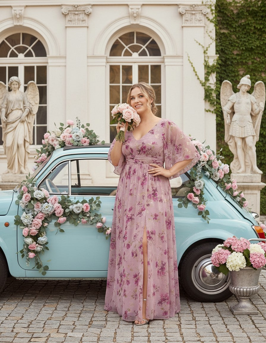 Petaline Romantic Plus Size A-Line Bridesmaid Dress with V-Neck Pleated Chiffon - for Weddings N0301