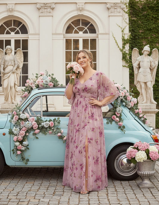 Petaline Romantic Plus Size A-Line Bridesmaid Dress with V-Neck Pleated Chiffon - for Weddings N0301