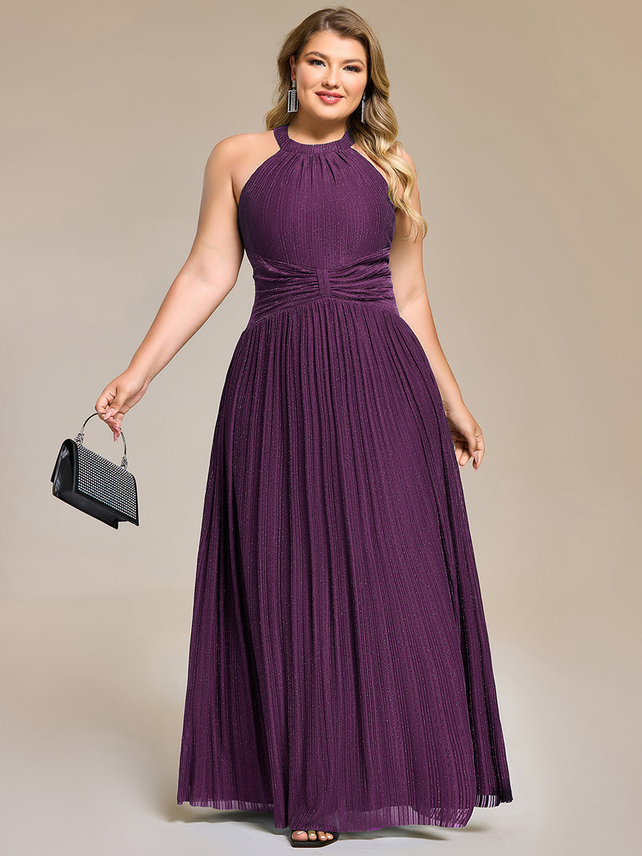 Plus Size Glittery Halter Neck Pleated Formal Evening Dress