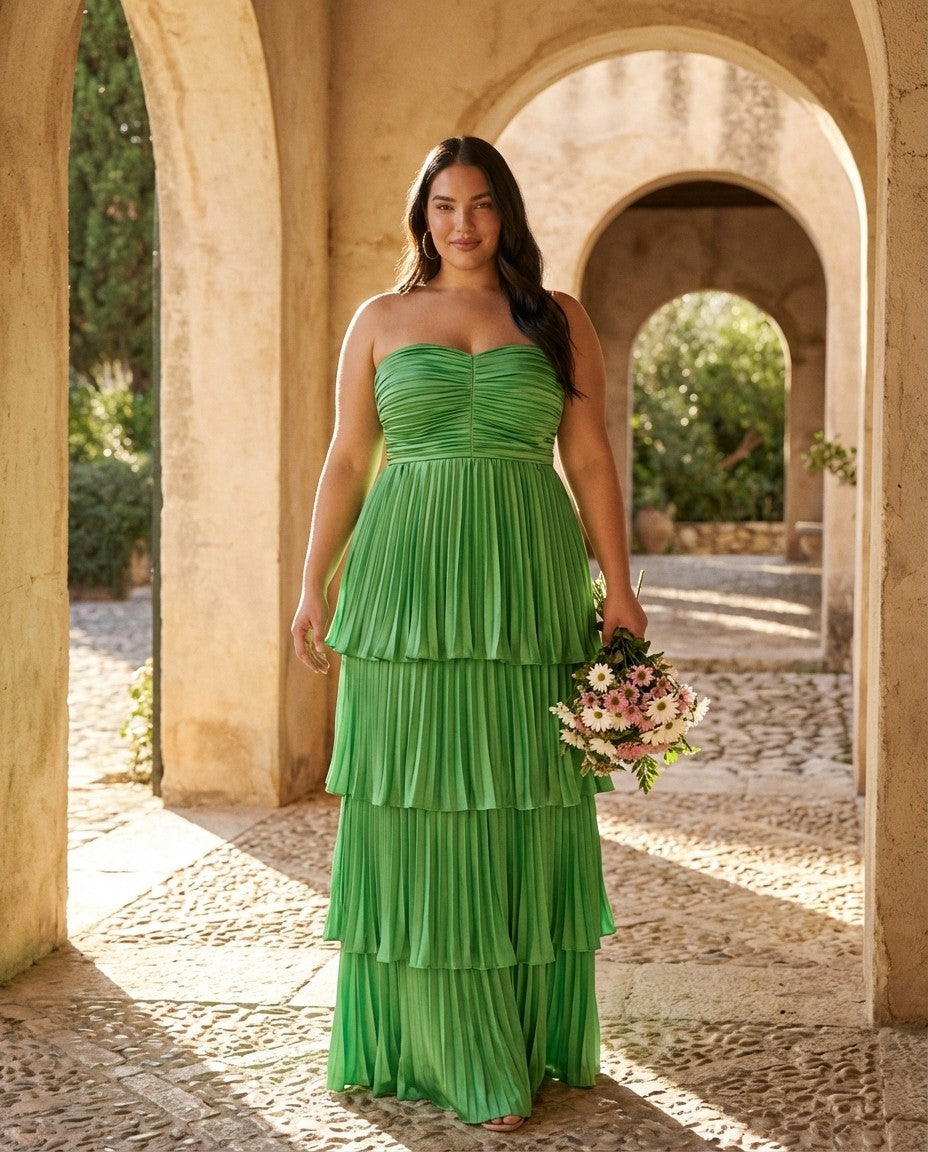 Chantarae Luxury Satin Strapless A-Line Plus Size Bridesmaid Dress with Ruffle -N0377