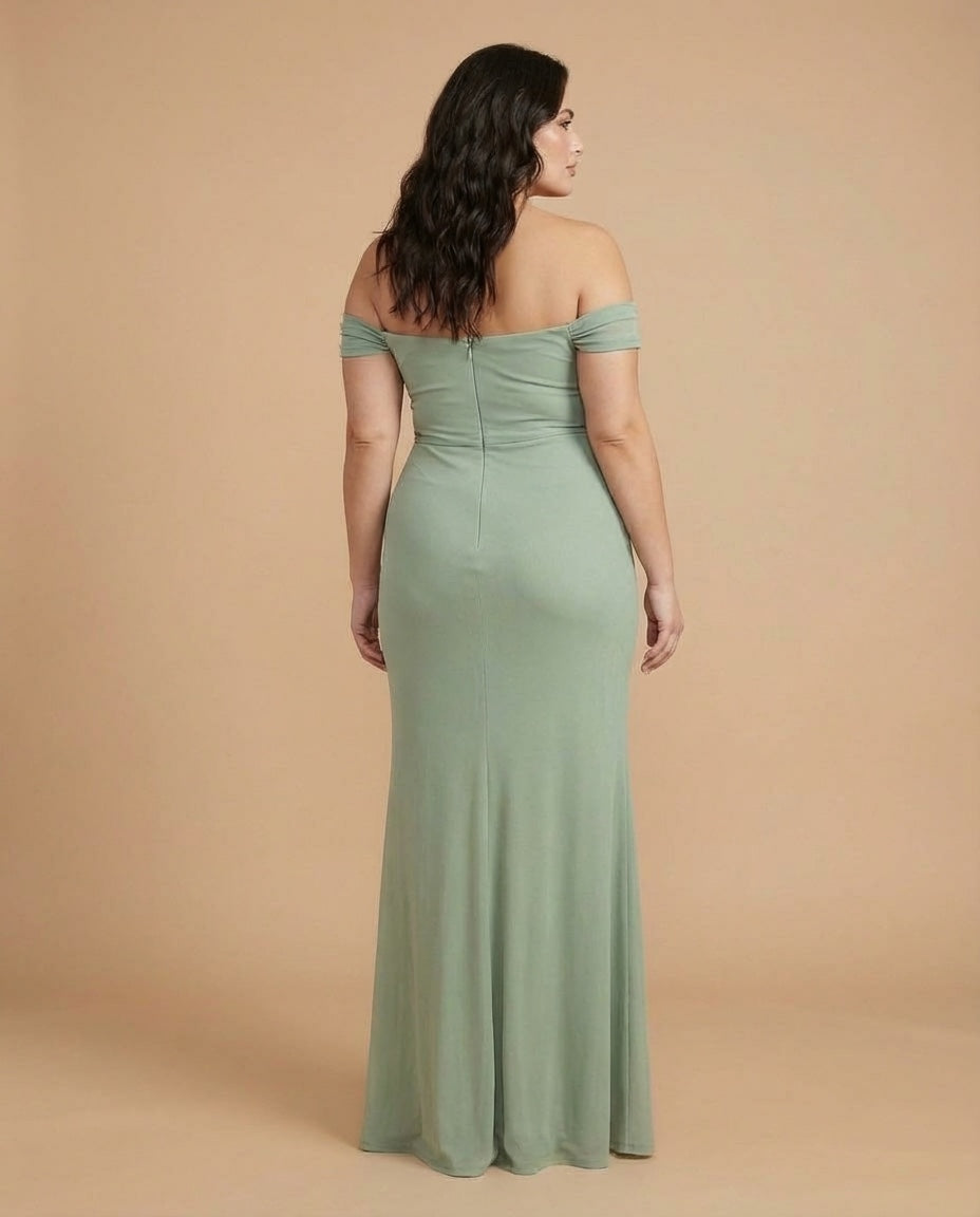Elanthia Convertible Off-the-Shoulder Mesh Plus Size Bridesmaid Dress for Weddings - N0344