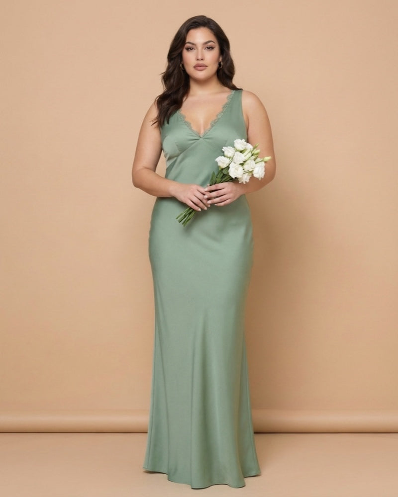 Silvarelle Modern Plus Size Sheath Bridesmaid Dress in Stretch Satin for Formal Wedding -N0357