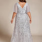 Plus Size Short Sleeves Sequin High Low V-Neck Midi Formal Evening Dress