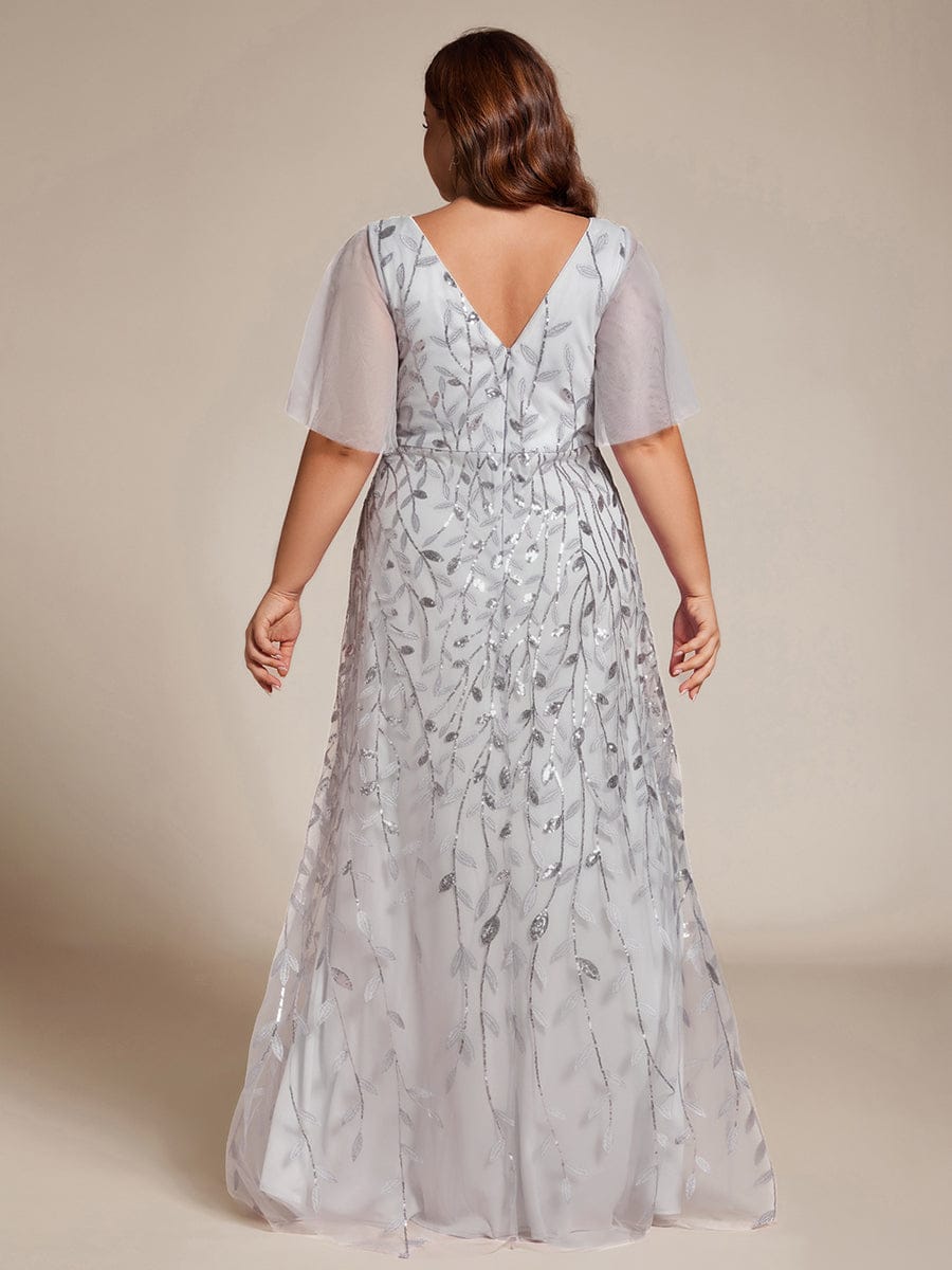 Plus Size Short Sleeves Sequin High Low V-Neck Midi Formal Evening Dress