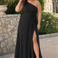 Floor-Length Chiffon Evening Gown with Single Shoulder and Side Slit
